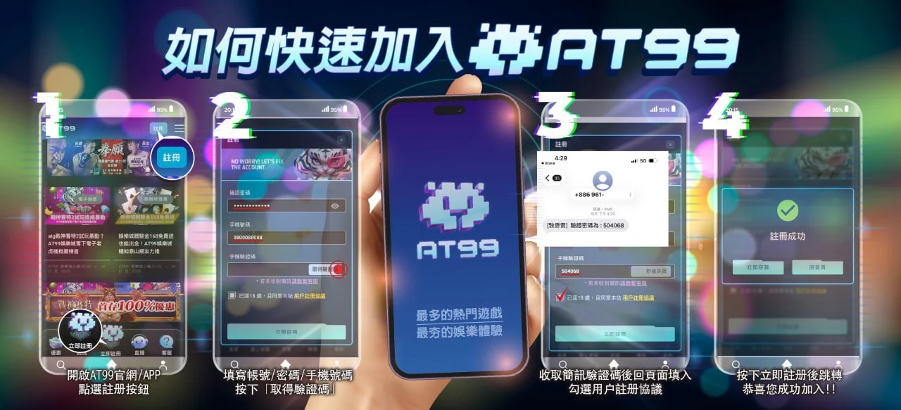 AT99 註冊教學圖示，快速加入 AT99 的四步驟流程示意圖