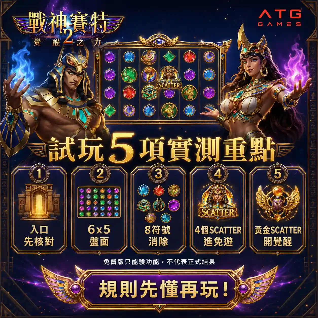 塞特2覺醒之力試玩五項實測圖，整理入口、6×5盤面、8符號消除與SCATTER玩法
