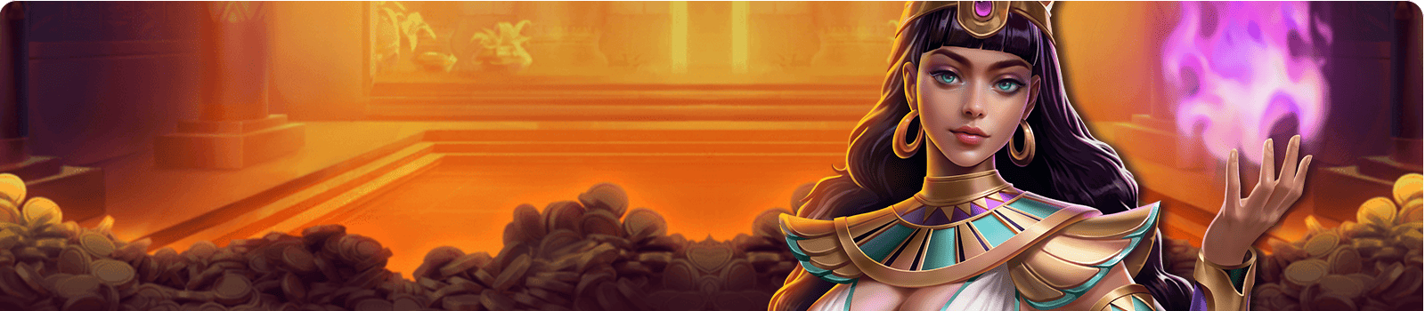 埃及金殿中掌握紫焰的女神，於滿室寶藏間釋放神力光輝，象徵榮耀與權能的覺醒。
